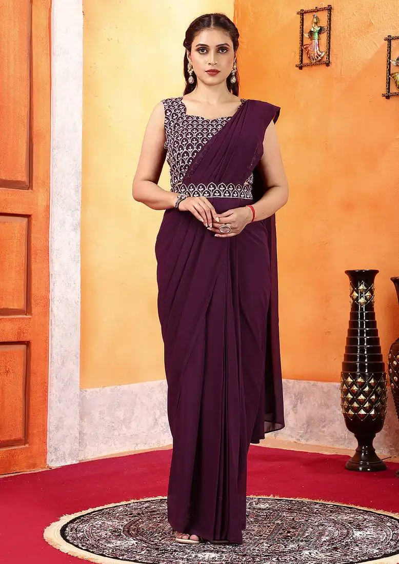 Dark wine ready to wear georgette saree with unstitched embroidered blouse and waist belt