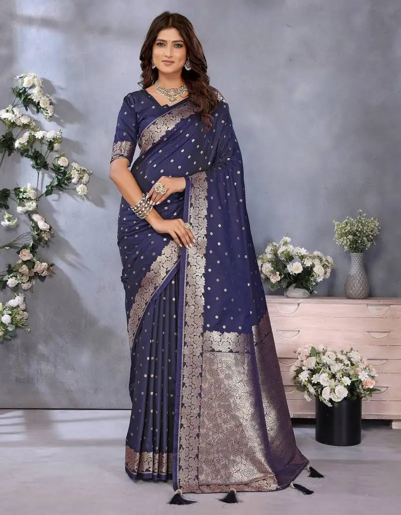 Blue color banarasi silk jacquard weving designer trendy partywear saree