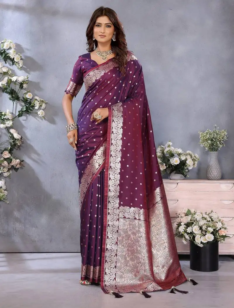 Wine color banarasi silk jacquard weving designer trendy partywear saree