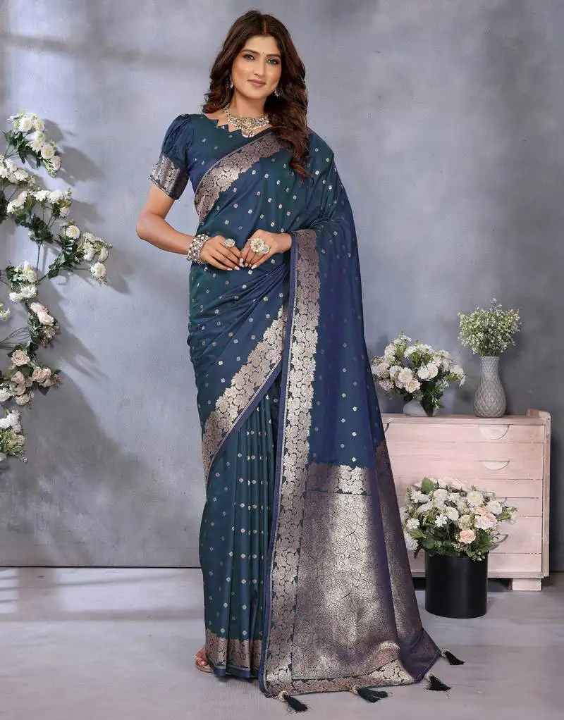 Teal blue color banarasi silk jacquard weving designer trendy partywear saree