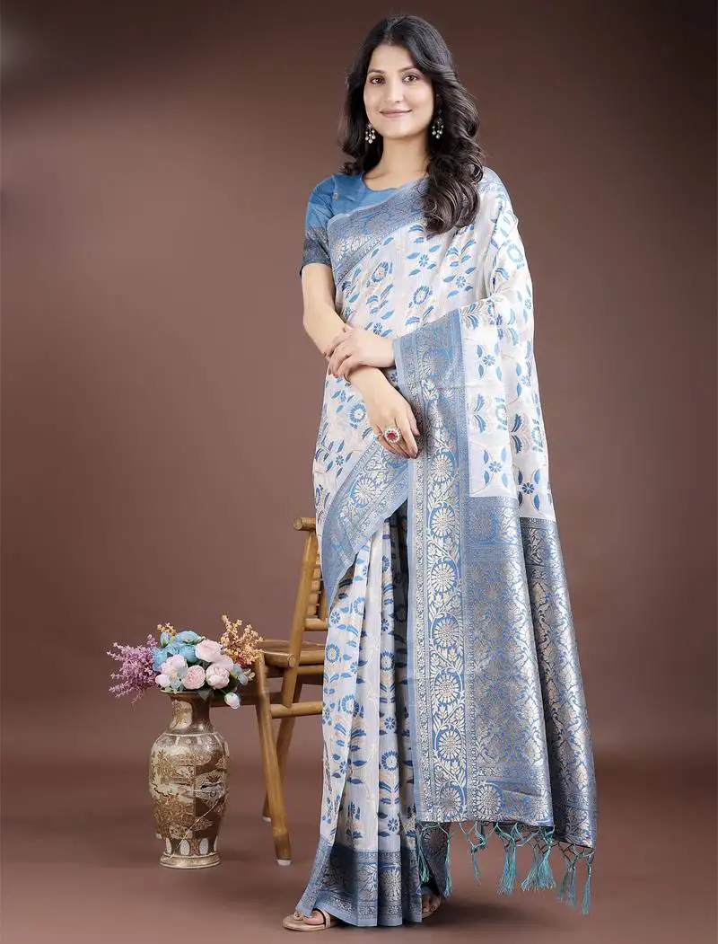 Sky blue color linen cotton wevon jacquard designer beautiful festive saree
