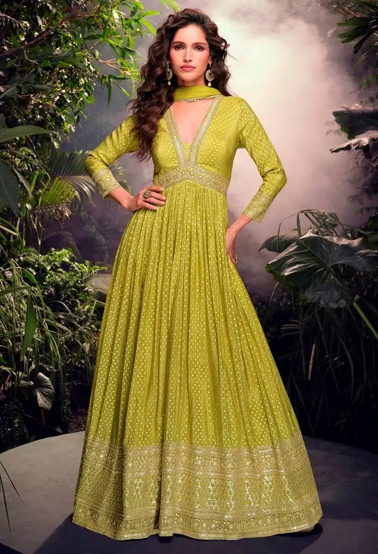 Green embroidered jacquard anarkali suit semi stitched