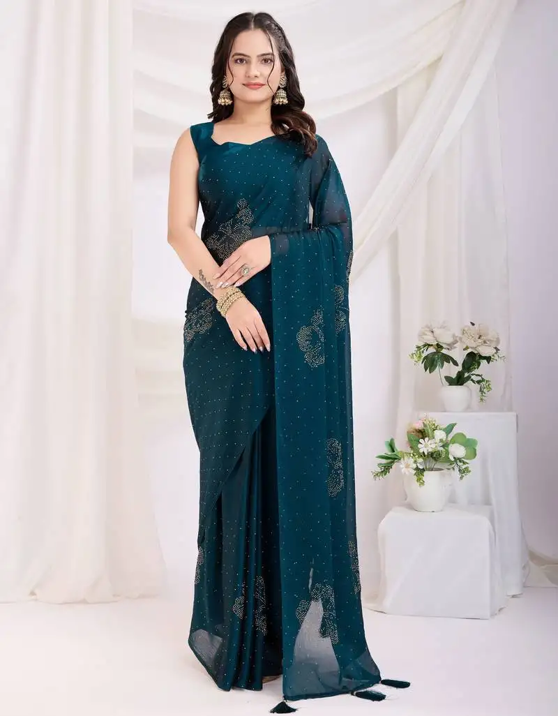 Teal blue swarovski work ready to wear saree