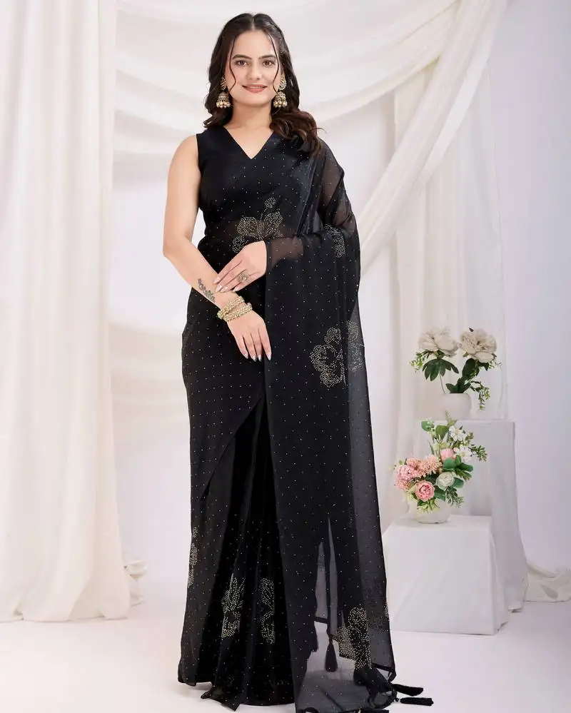 Black color rangoli silk fabric ready to wear saree with swarovski work