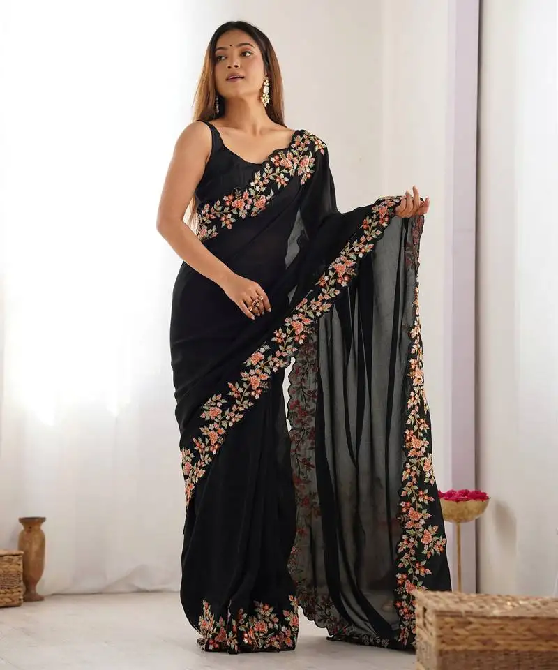 Black color vichitra silk fabric designer embrodery work ethnic saree