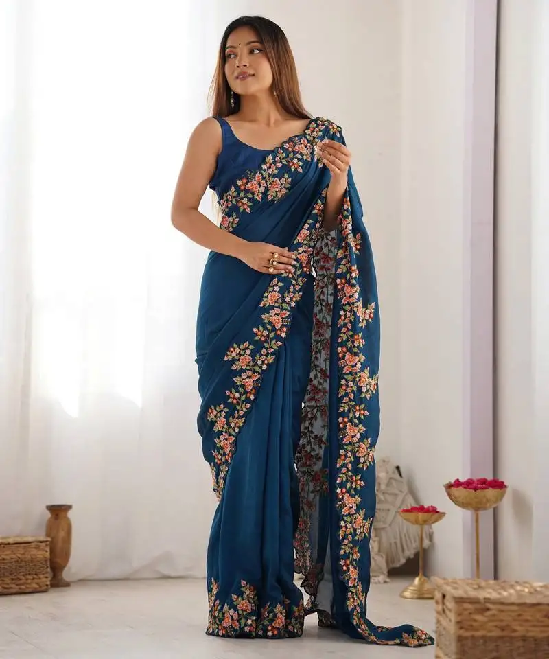 Teal blue color vichitra silk fabric designer embrodery work ethnic saree