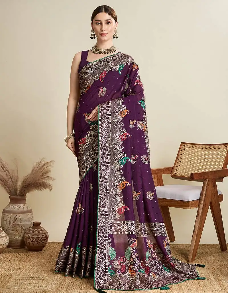 Wine color beautiful designer table printed with foil cotton blended saree