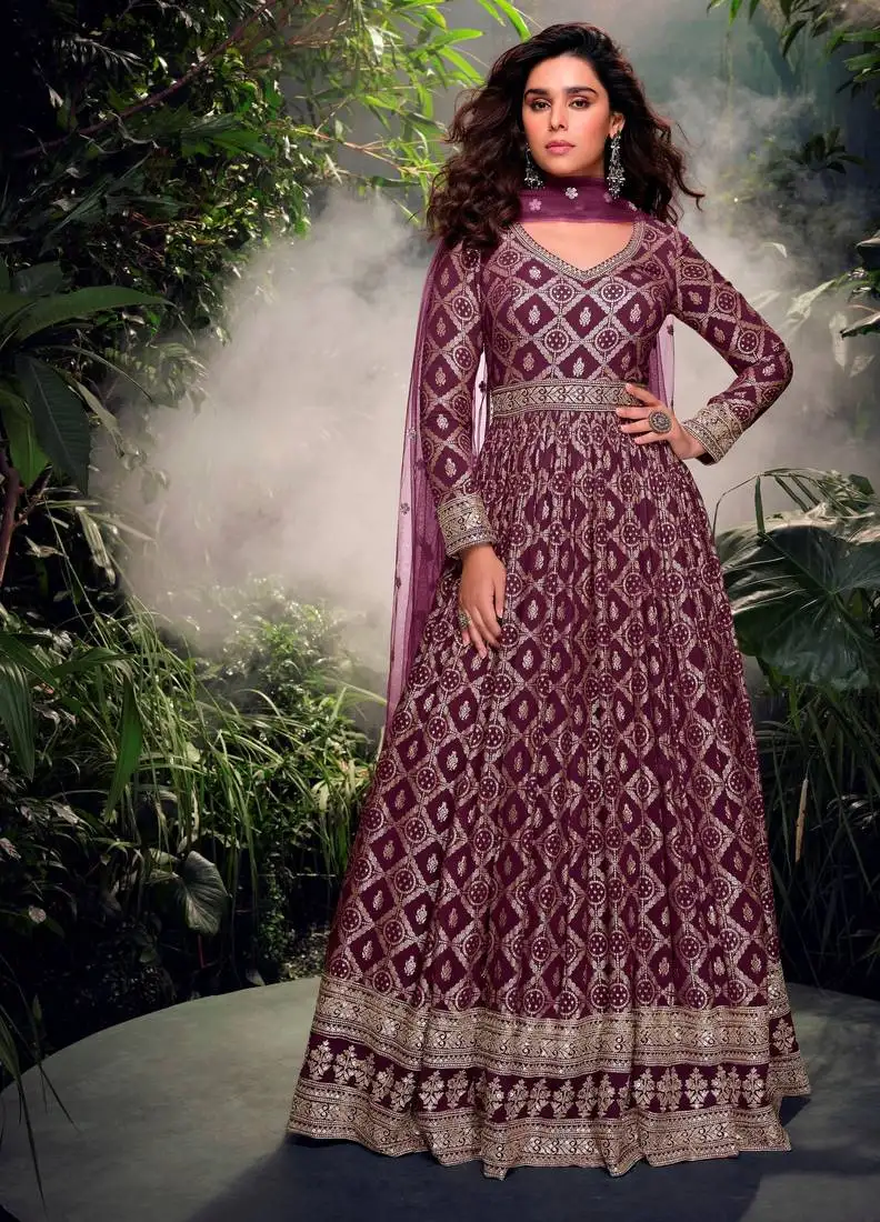 Purple embroidered jacquard anarkali suit semi stitched