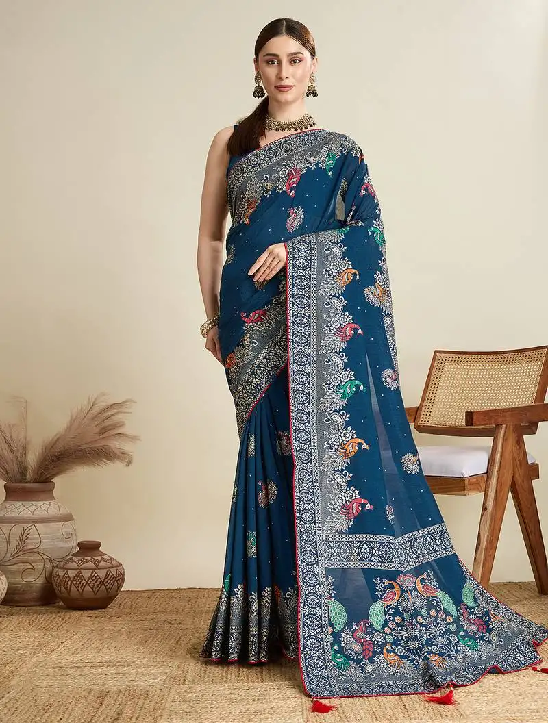 Blue color beautiful designer table printed with foil cotton blended saree