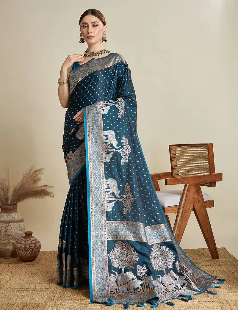 Teal blue satin silk woven saree