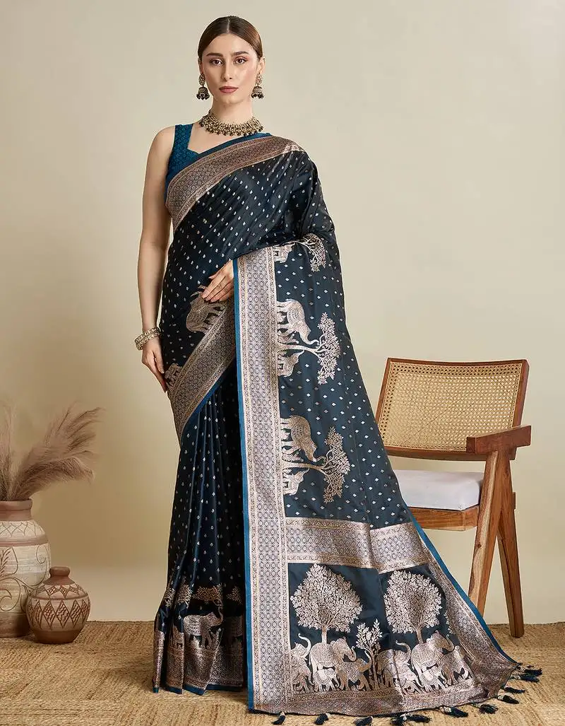 Blue color satin silk fabric woven designer partywear saree