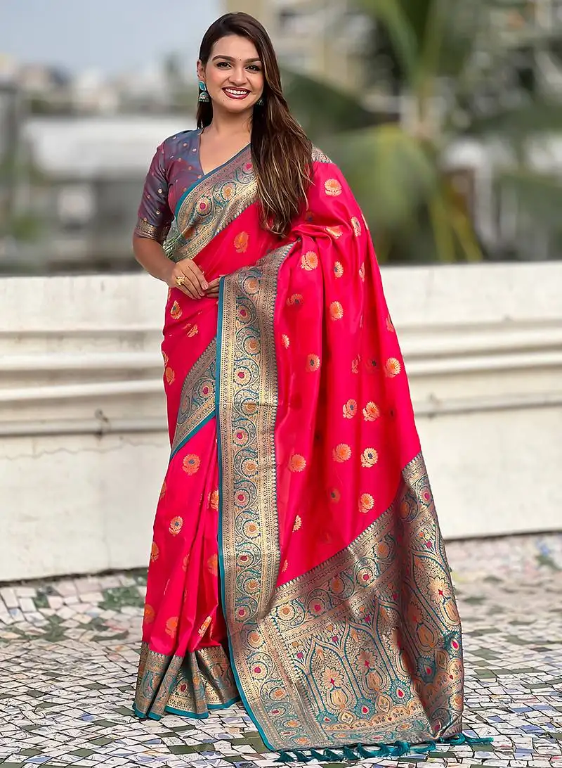 Red silk blend meenakari woven saree