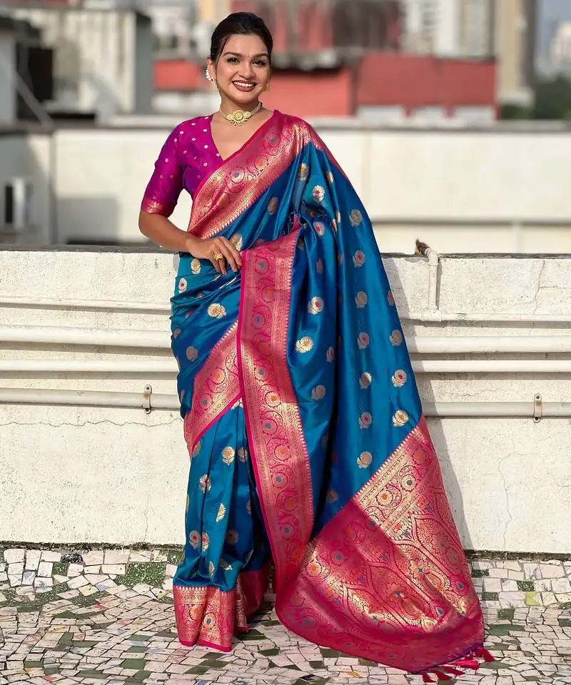 Sky blue color soft silk fabric wevon meenakari designer trending partywear saree