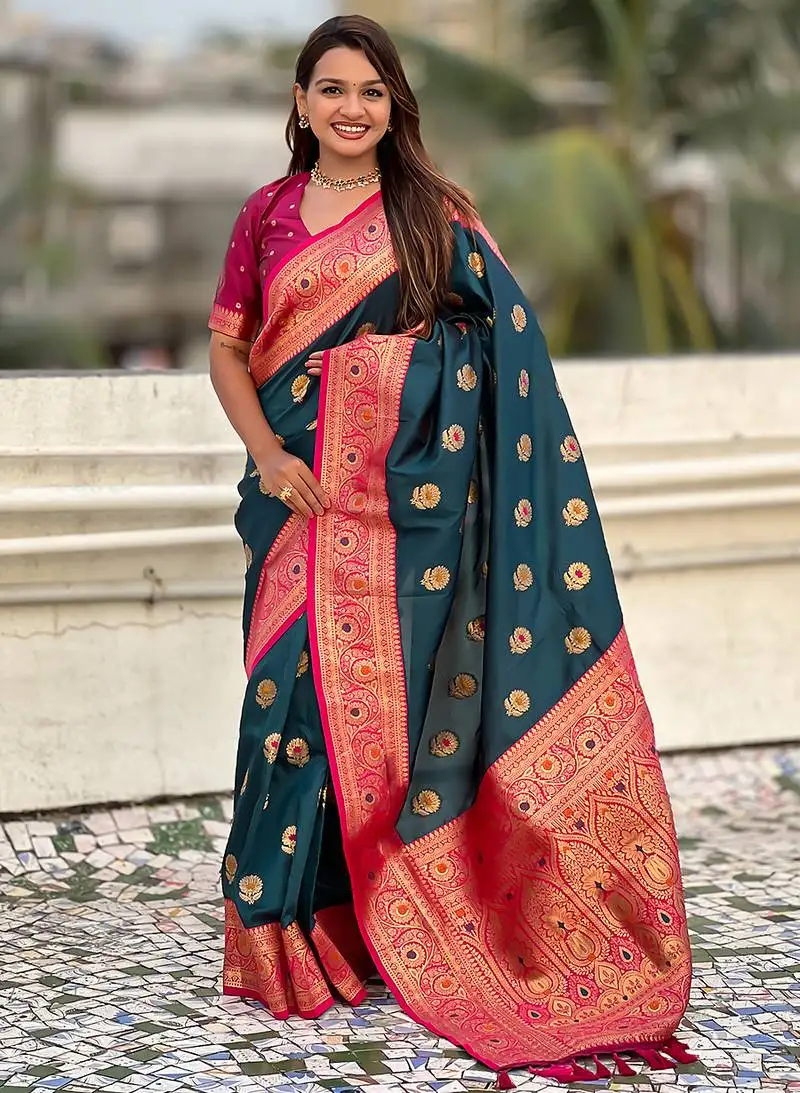 Teal blue color soft silk fabric wevon meenakari designer trending partywear saree