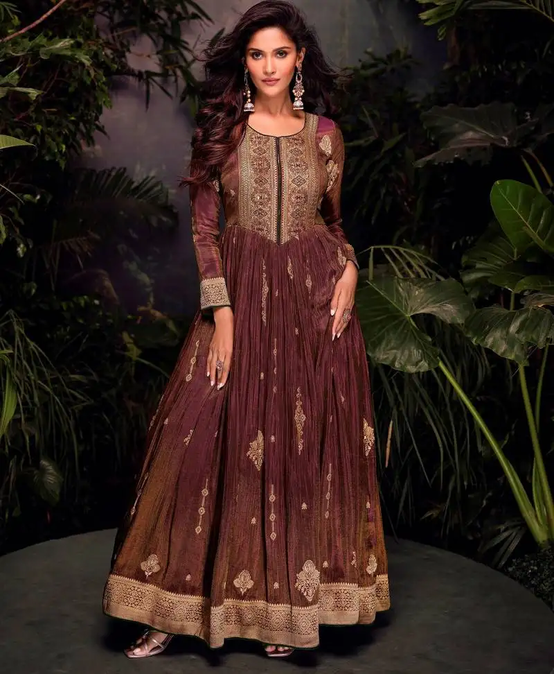 Brown embroidered jacquard anarkali suit semi stitched
