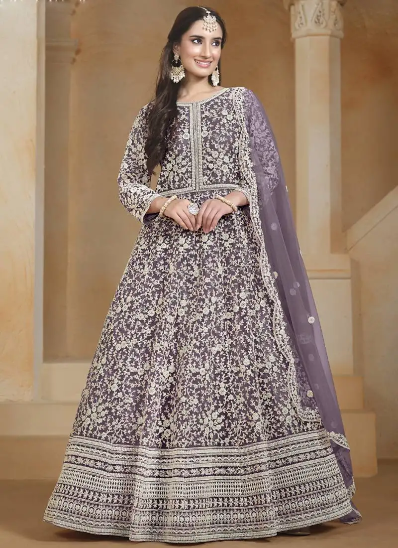 Light purple net embroidered anarkali suit semi stitched