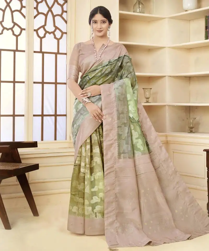 Beige color wevon jacquard designer with printed rich silk fabric stylish ceremonial saree