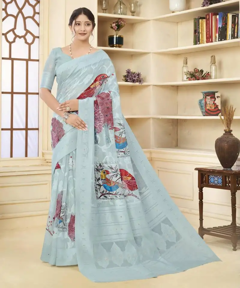 Sky blue color wevon jacquard designer with printed rich silk fabric stylish ceremonial saree