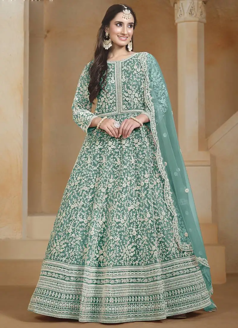 Sea green net embroidered anarkali suit semi stitched