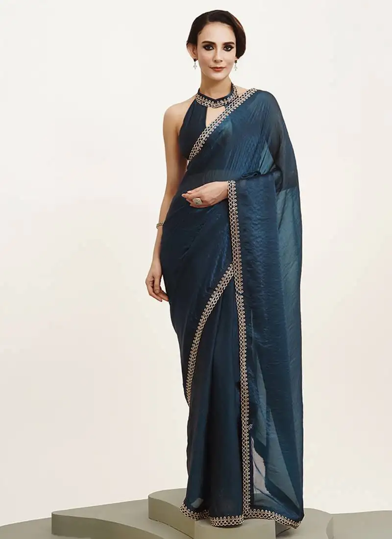Teal satin beads and stones embellished work saree