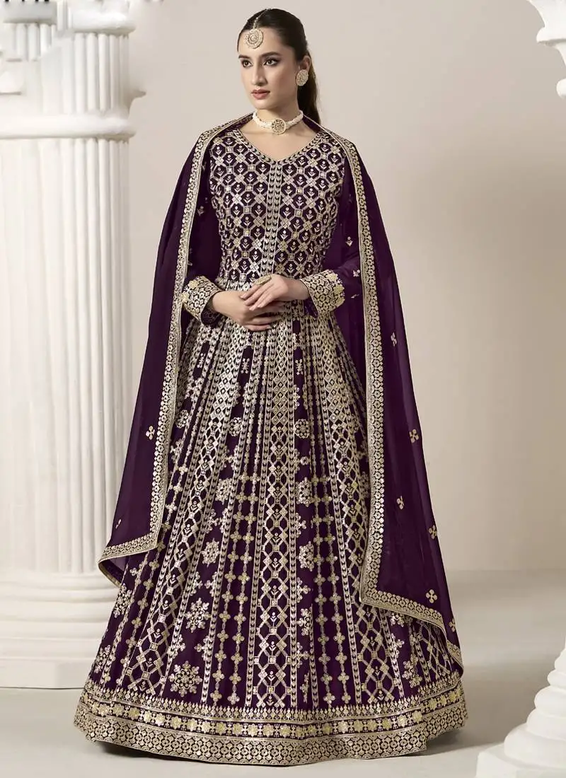 Wine faux georgette embroidered anarkali suit semi stitched