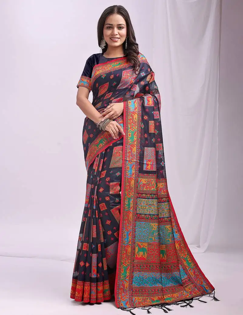 Wevon thread designer navy blue color linen cotton fabric traditional rich looks saree