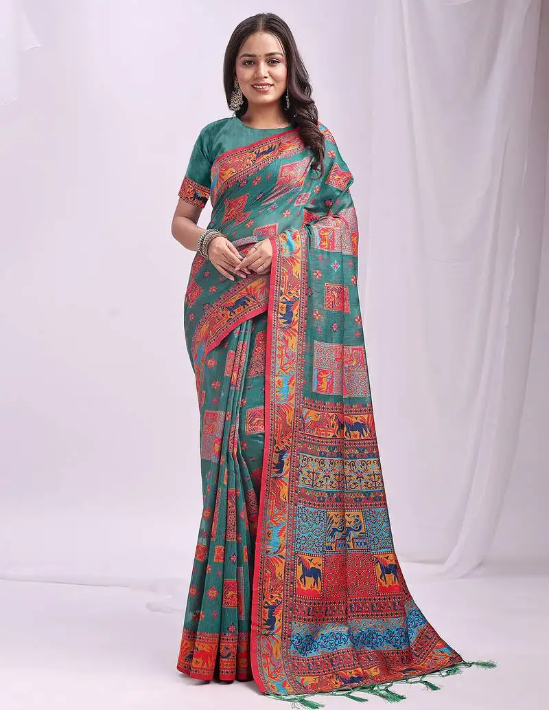 Wevon thread designer rama green color linen cotton fabric traditional rich looks saree