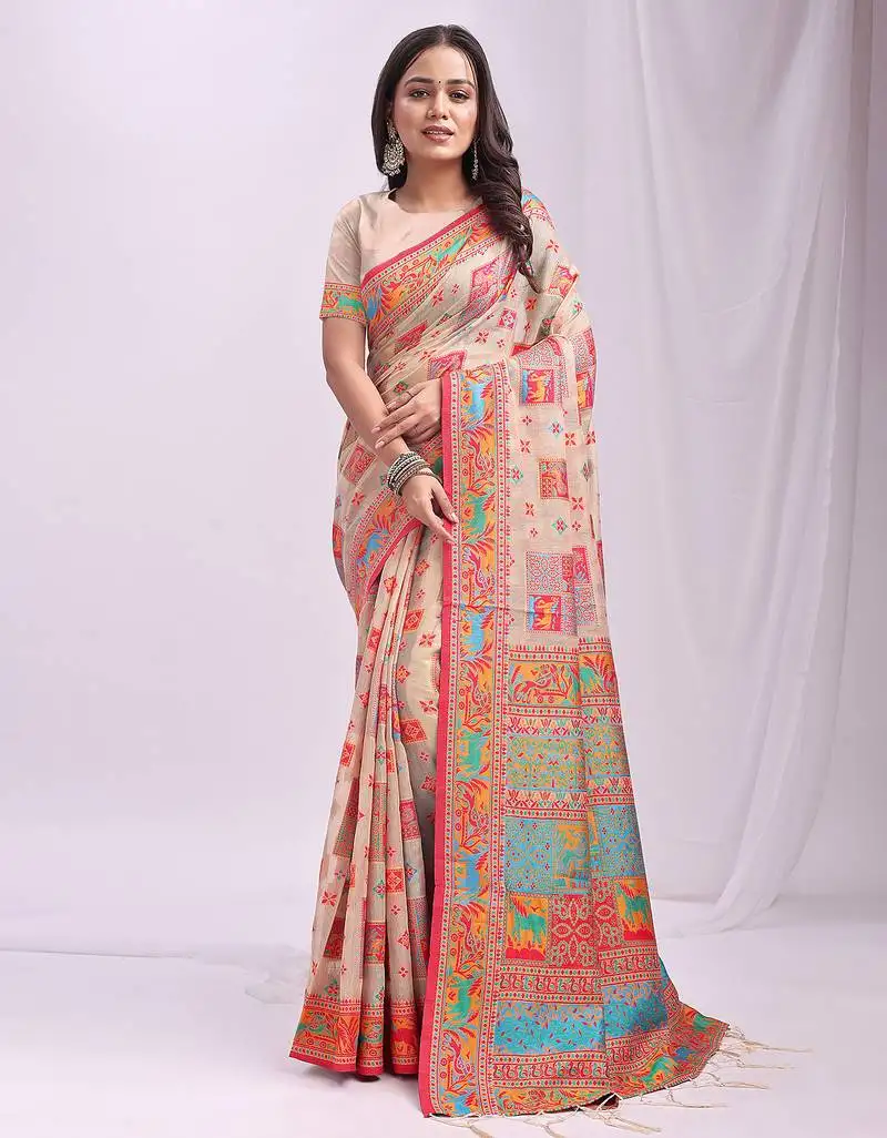 Wevon thread designer off white color linen cotton fabric traditional rich looks saree