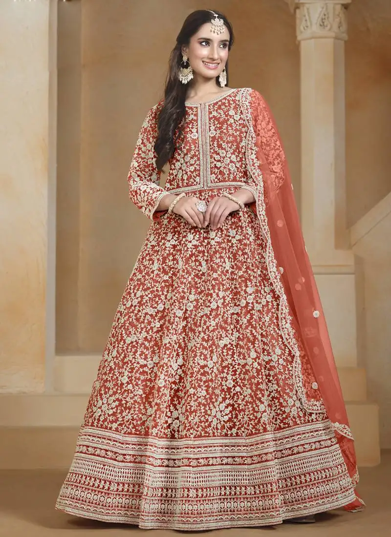 Orange net embroidered anarkali suit semi stitched