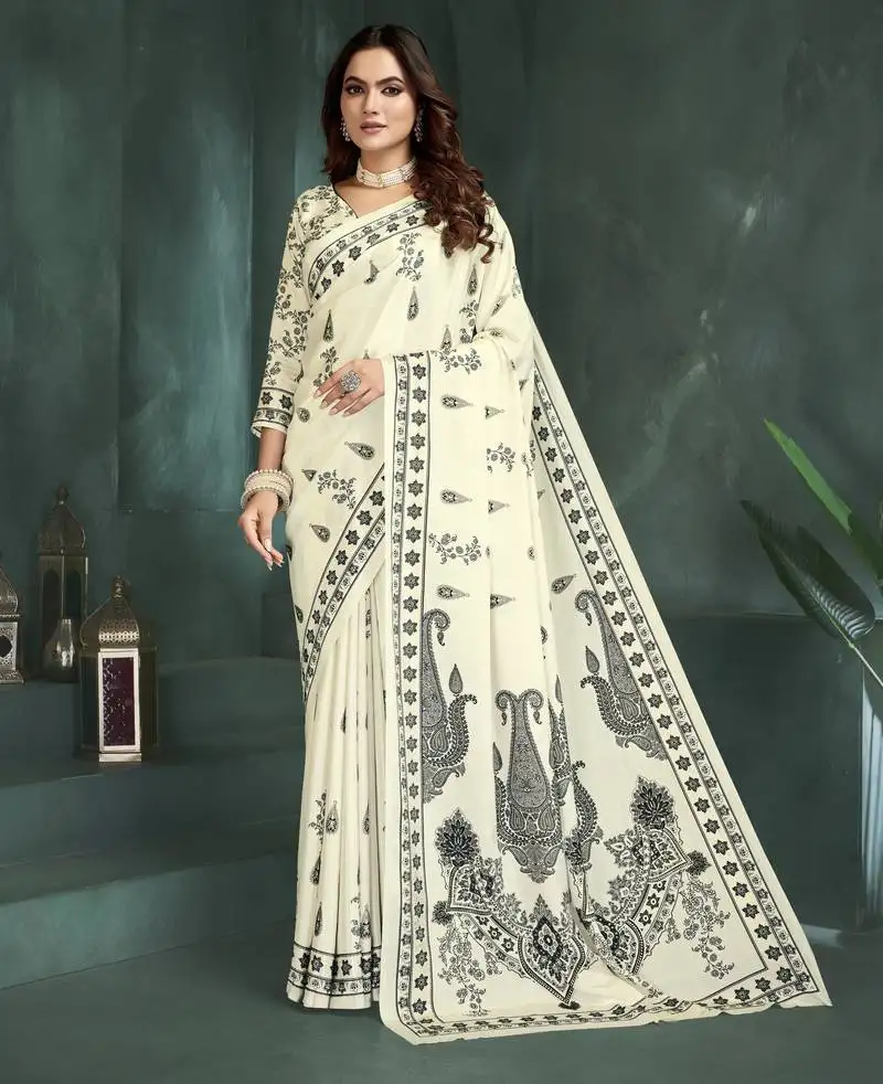 White color sophisticated digital foil printed crepe silk saree