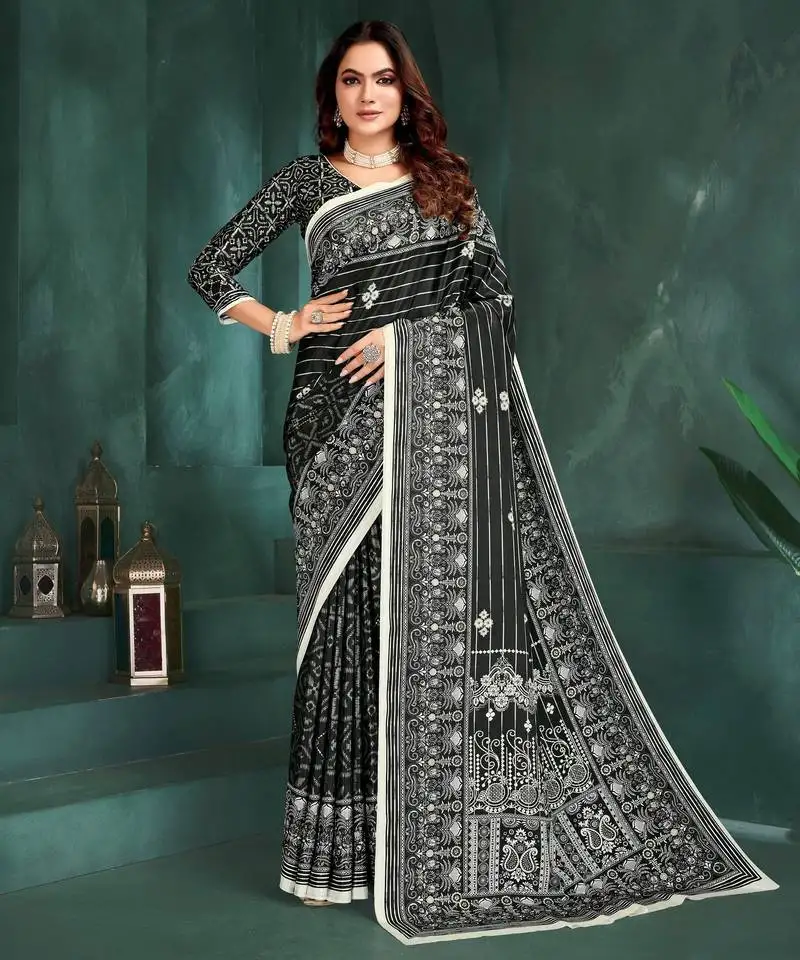 Black color sophisticated digital foil printed crepe silk saree