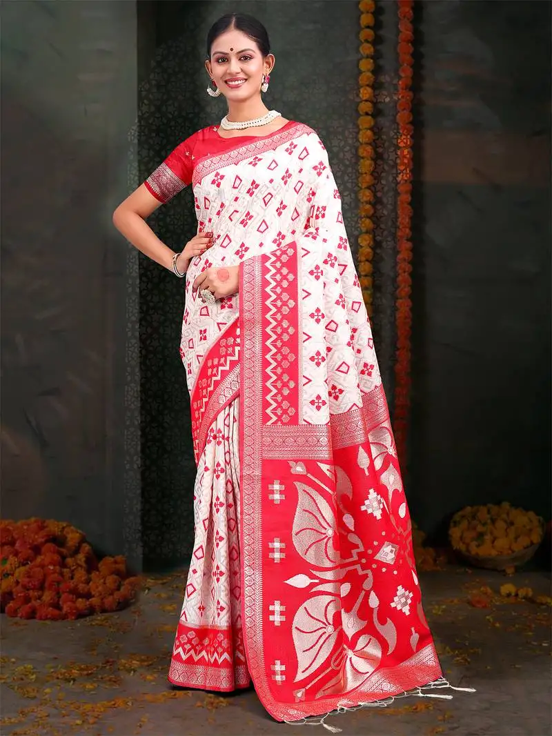 White & red linen cotton woven jacquard saree