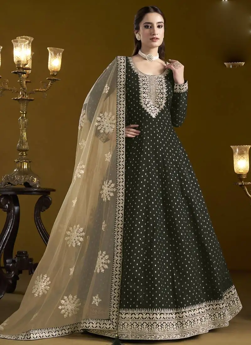 Black chanderi butti embroidered anarkali suit semi stitched