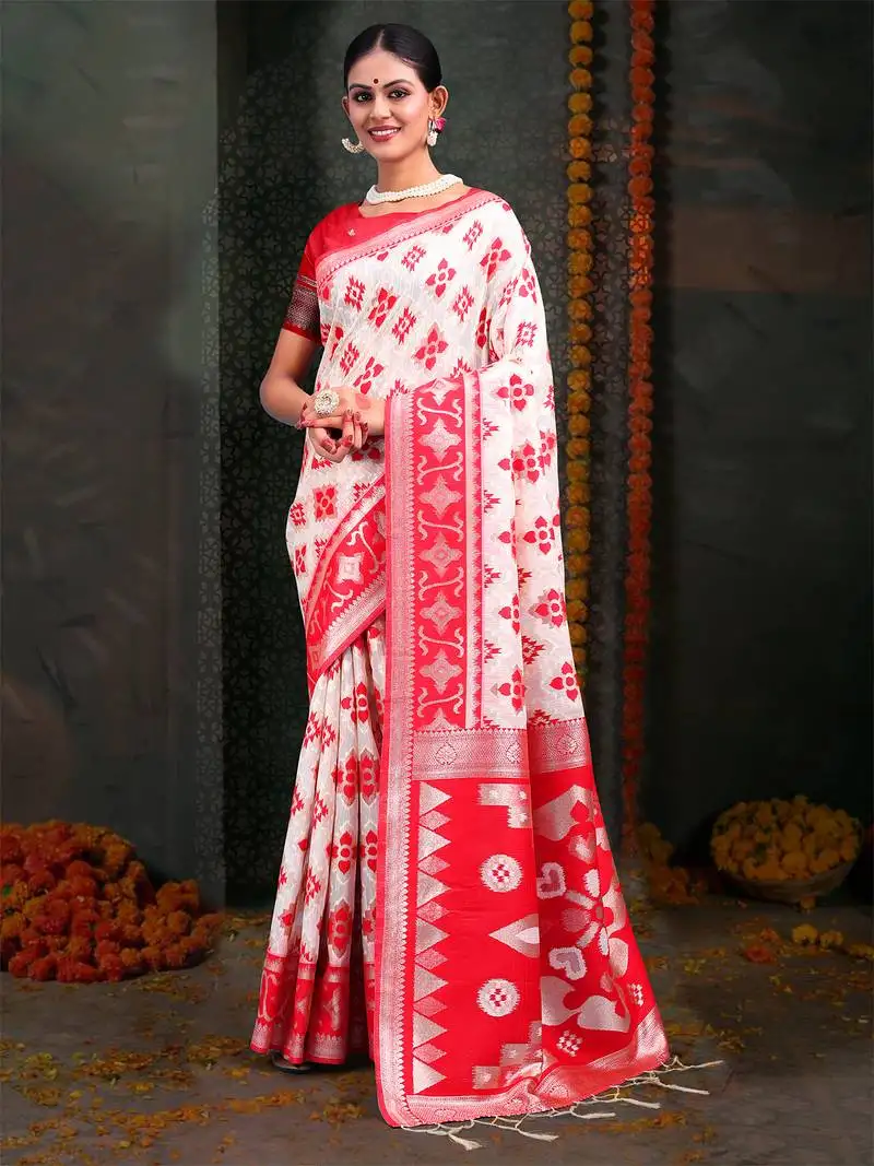 White & red color linen cotton wevon jacquard designer saree