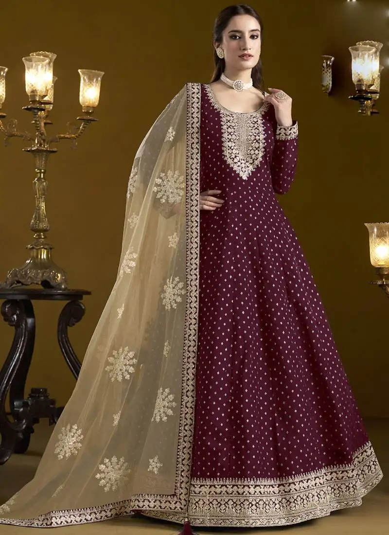 Wine chanderi butti embroidered anarkali suit semi stitched