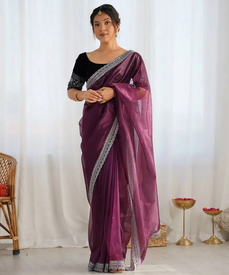 Wine color twill net fabric glamorous bollywood style sequins work saree