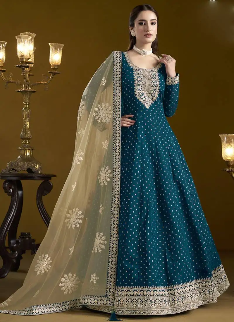Royal blue chanderi butti embroidered anarkali suit semi stitched