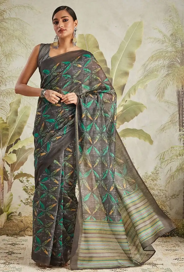 Black digital print chanderi cotton saree