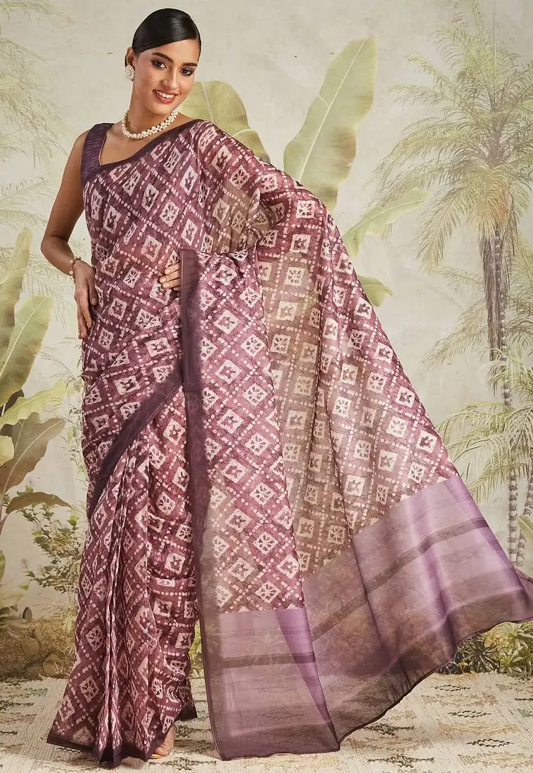Wine color chanderi cotton fabric festive wear saree with smart digital print