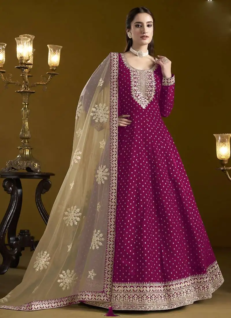 Rani pink chanderi butti embroidered anarkali suit semi stitched