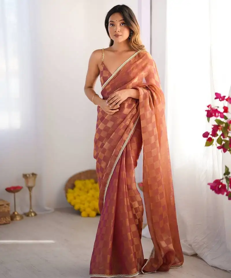 Rust color woven chiffon fabric ethnic bollywood party saree