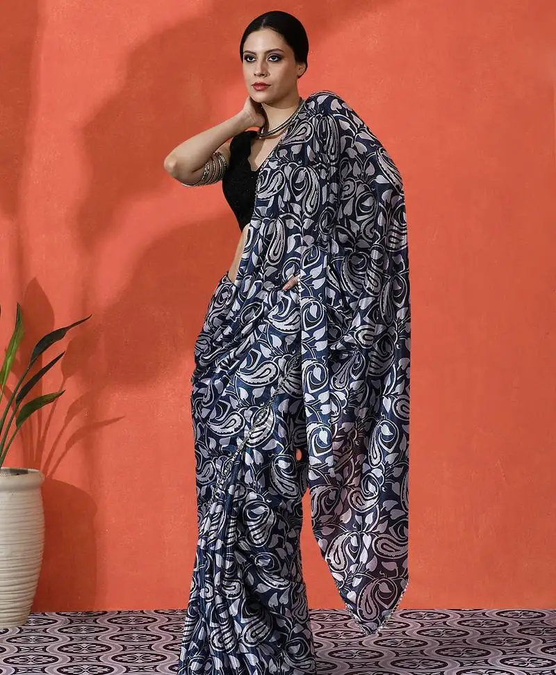 Blue color chinon fabric designer digital printed girlie partywear saree