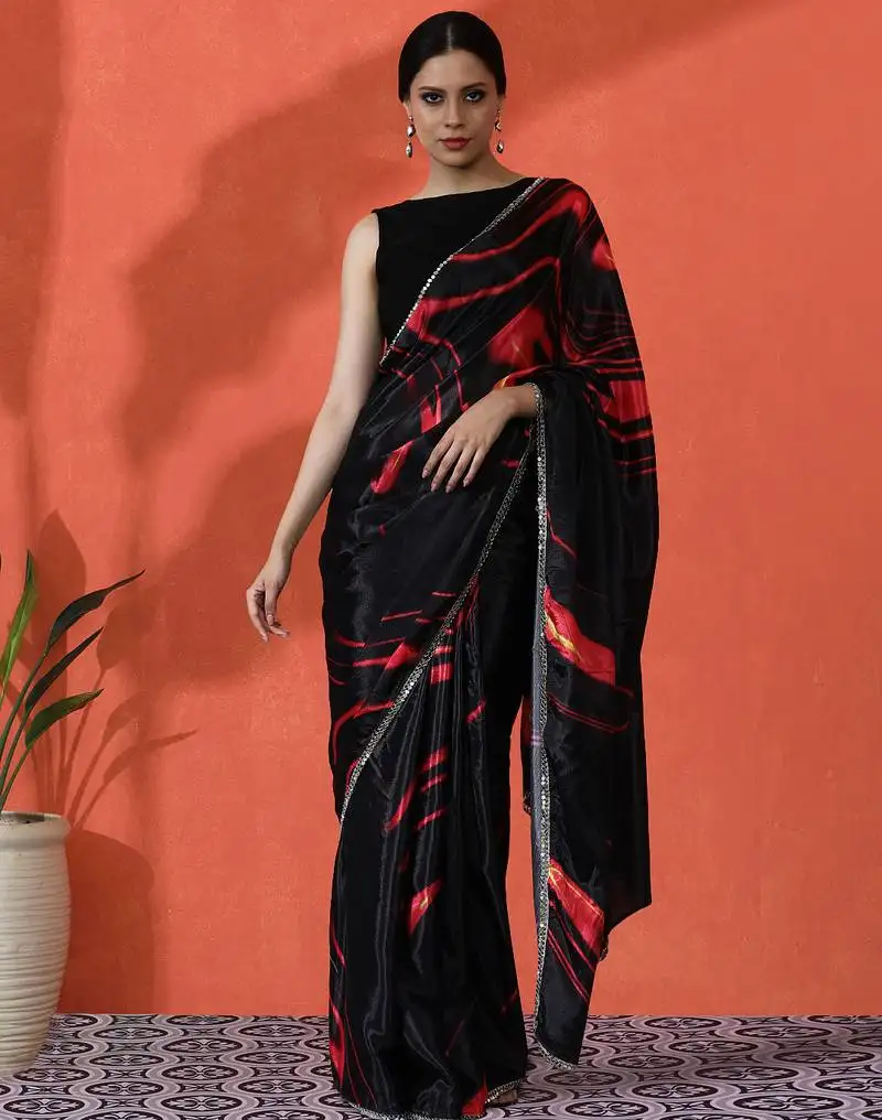 Black color chinon fabric designer digital printed girlie partywear saree