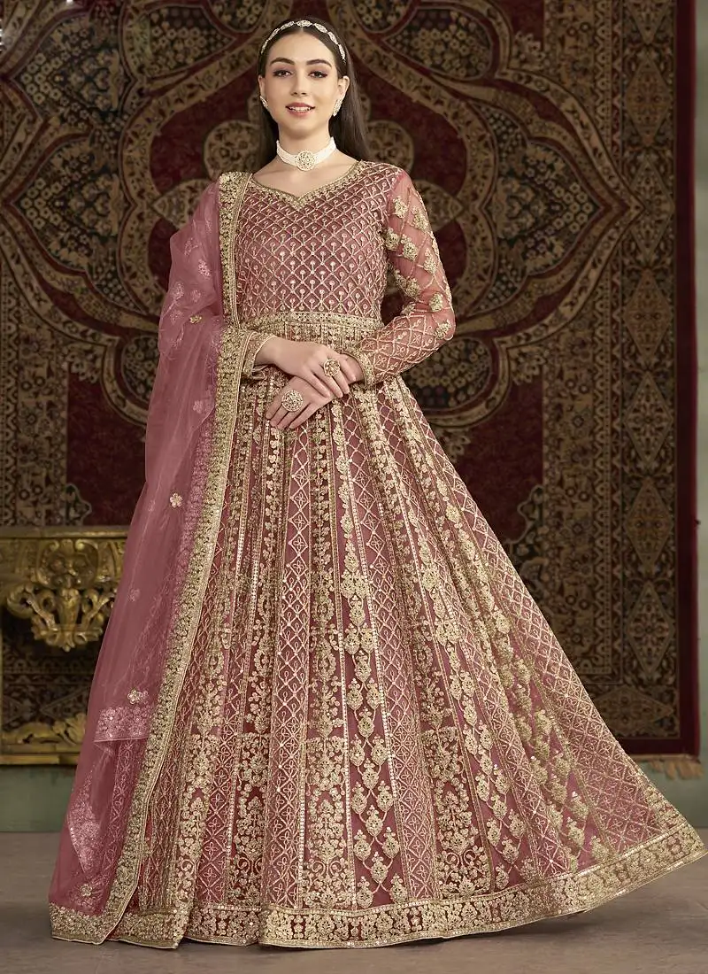 Light pink net embroidered anarkali suit semi stitched