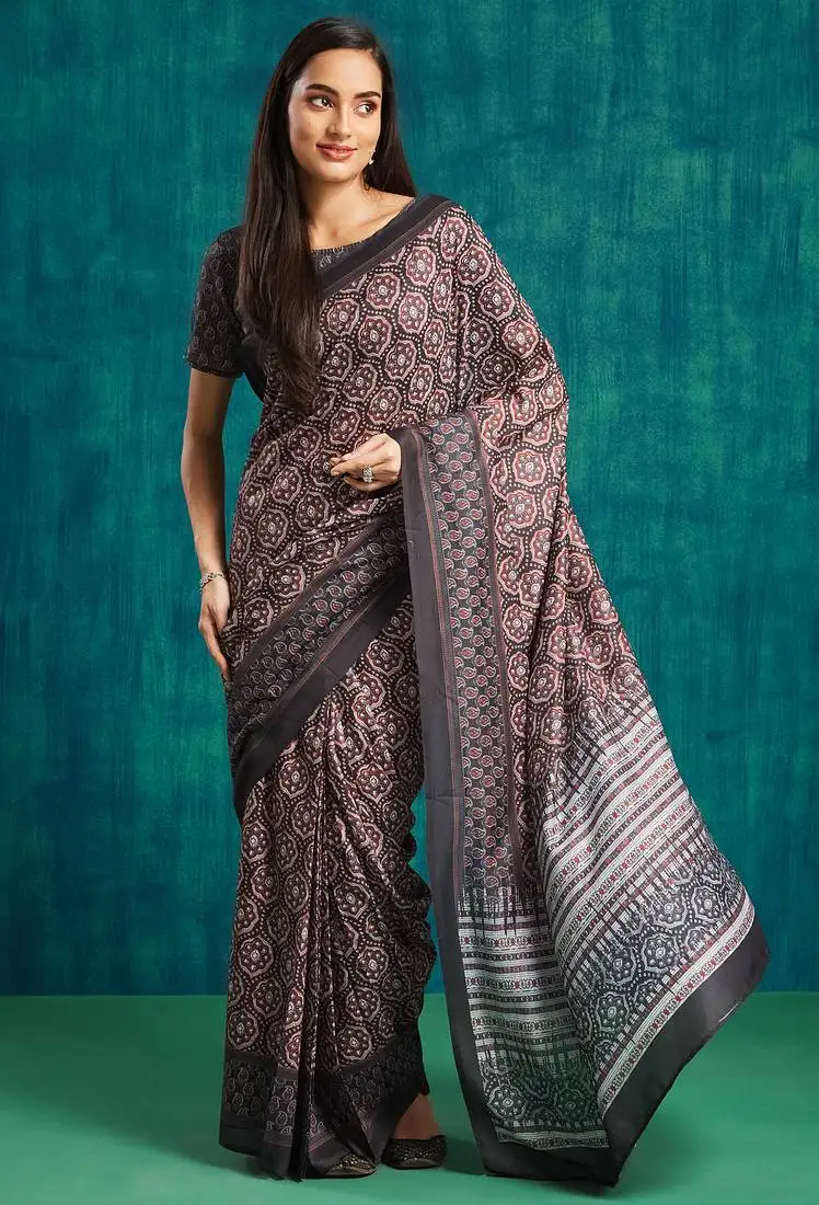 Black color pre stitched muslin fabric designer printed partywear saree