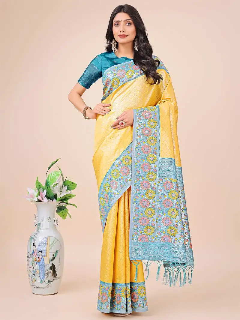 Yellow color lichi silk fabric woven designer partywear saree
