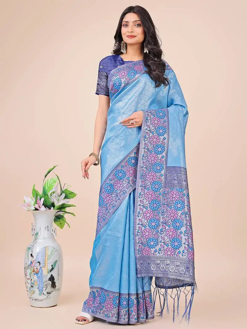 Sky blue color lichi silk fabric woven designer partywear saree