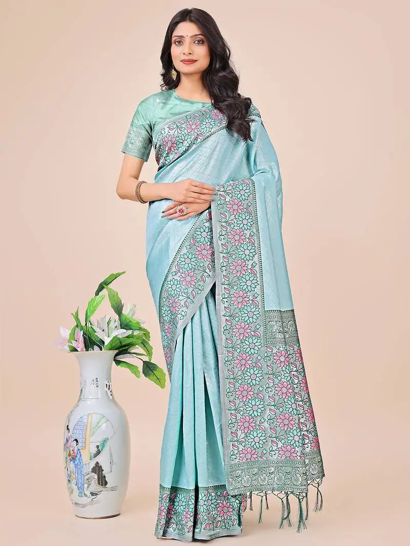 Teal color lichi silk fabric woven designer partywear saree