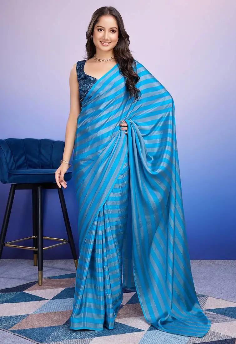 Sky blue color satin fabric designer ready to wear ceremonial saree