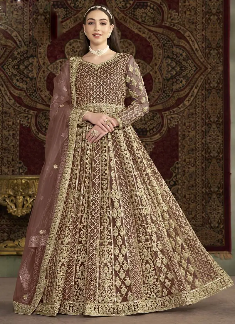 Light brown net embroidered anarkali suit semi stitched